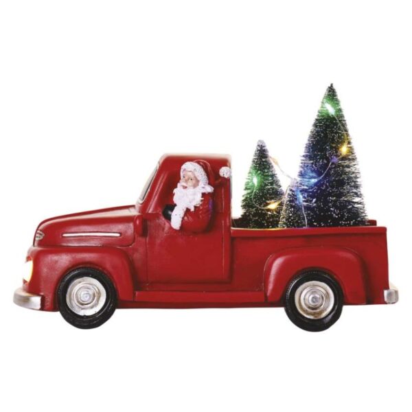 LED dekorace – Santa v autě s vánočními stromky