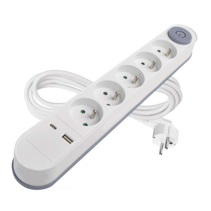 Prodlužovací kabel 3 m / 5 zásuvky / s vypínačem / bílý / 1×USB-A + 1×USB-C / 1