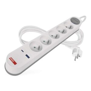 Prodlužovací kabel 3 m / 5 zásuvky / s vypínačem / bílo-šedý / 1×USB-A + 1×USB-C / 1