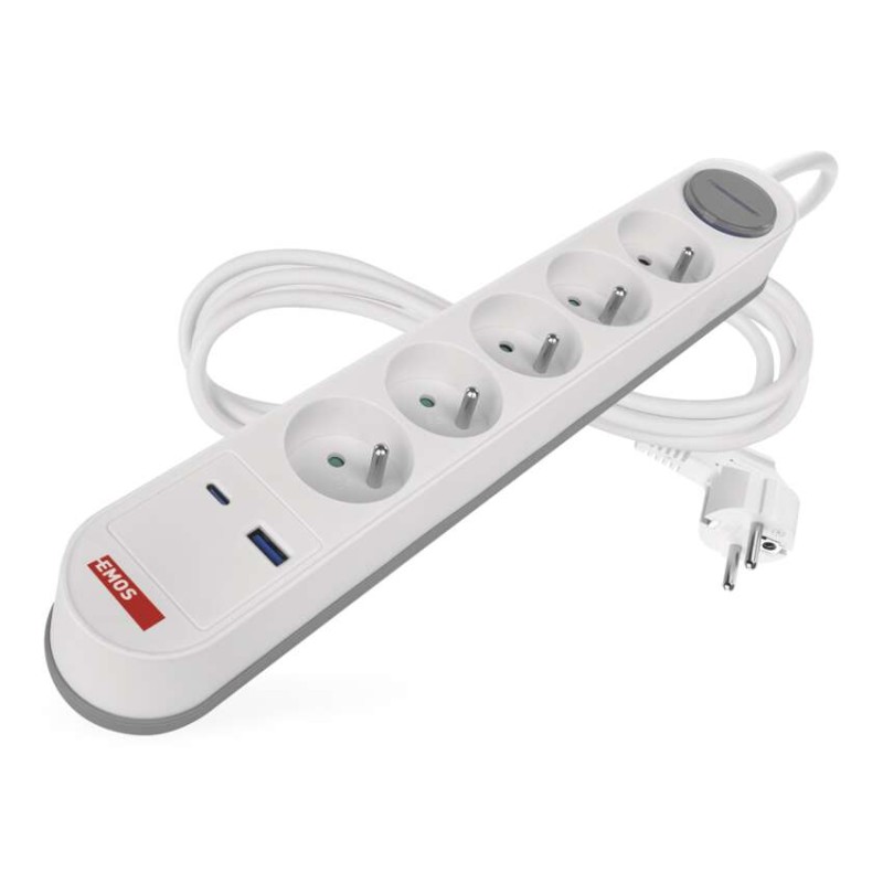 Prodlužovací kabel 3 m / 5 zásuvky / s vypínačem / bílo-šedý / 1×USB-A + 1×USB-C / 1
