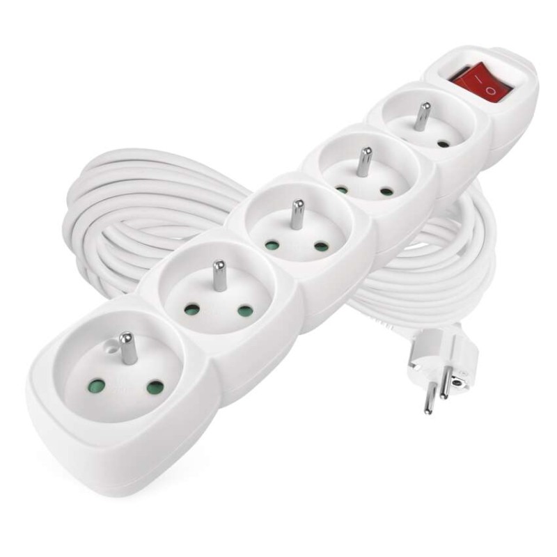 Prodlužovací kabel 10 m / 5 zásuvek / s vypínačem / bílý / PVC / 1 mm2