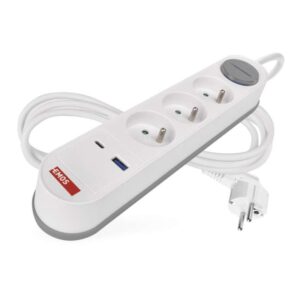 Prodlužovací kabel 2 m / 3 zásuvky / s vypínačem / bílo-šedý / 1×USB-A + 1×USB-C / 1
