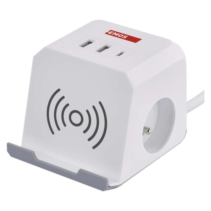 Prodlužovací kabel - kostka 2 m / 2 zásuvky / bílý / 2×USB-C + 1×USB-C+Qi / 1
