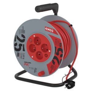 Prodlužovací kabel na bubnu 25 m / 4 zás. / s vypínačem / červený / PVC / 230V / 1