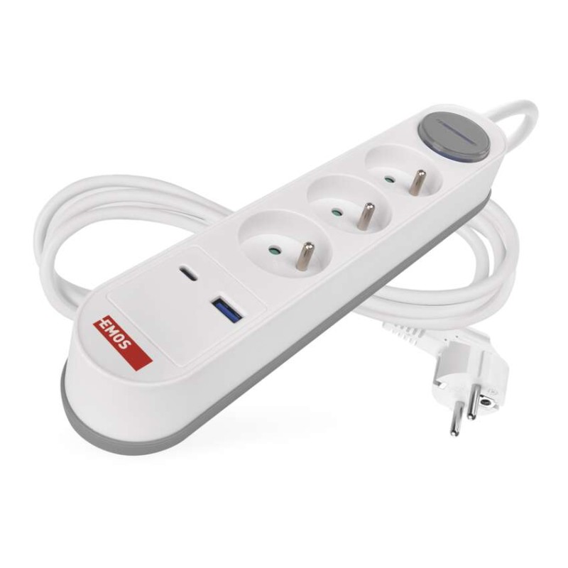 Prodlužovací kabel 2 m / 3 zásuvky / s vypínačem / bílo-šedý / 1×USB-A + 1×USB-C / 1
