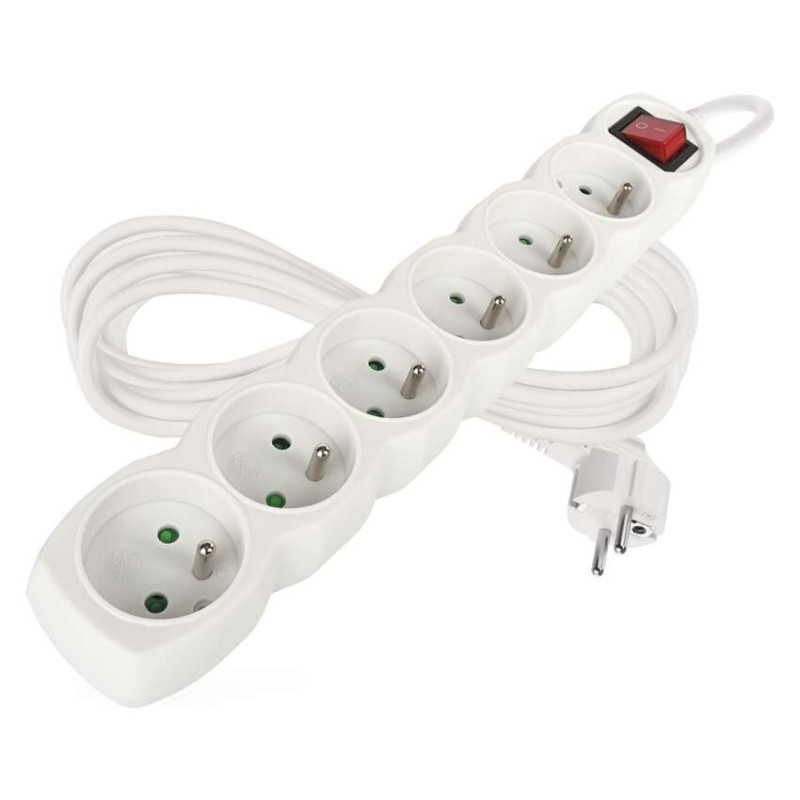 Prodlužovací kabel 5 m / 6 zásuvek / s vypínačem / bílý / PVC / 1 mm2