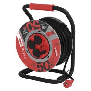 Venkovní prodlužovací kabel na bubnu 50 m / 4 zásuvky / černý / guma / 230 V / 1