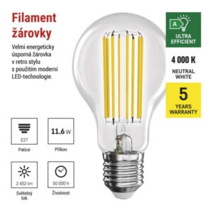 LED žárovka Filament A70 / E27 / 11.6 W (150 W) / 2 452 lm / neutrální bílá / A CLASS