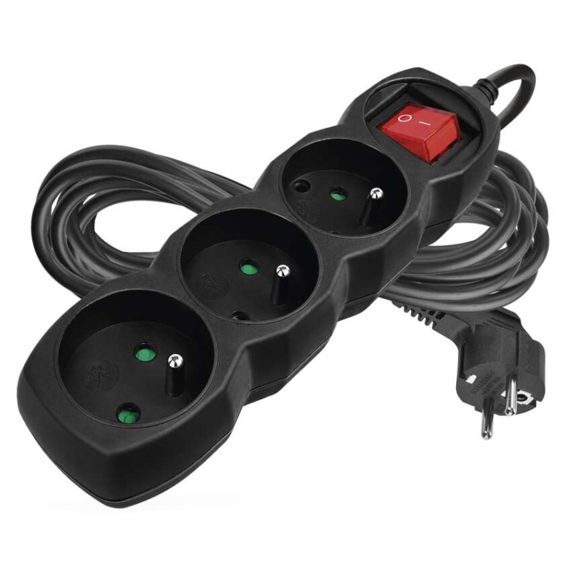 Prodlužovací kabel 5 m / 3 zásuvky / s vypínačem / černý / PVC / 1