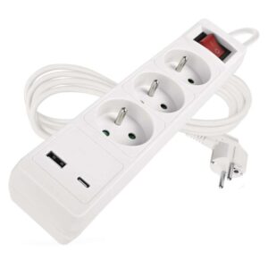Prodlužovací kabel 2 m / 3 zásuvky / s vypínačem / bílý / 1×USB-A + 1×USB-C / 1
