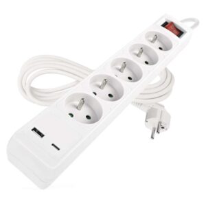 Prodlužovací kabel 3 m / 5 zásuvky / s vypínačem / bílý / 1×USB-A + 1×USB-C / 1